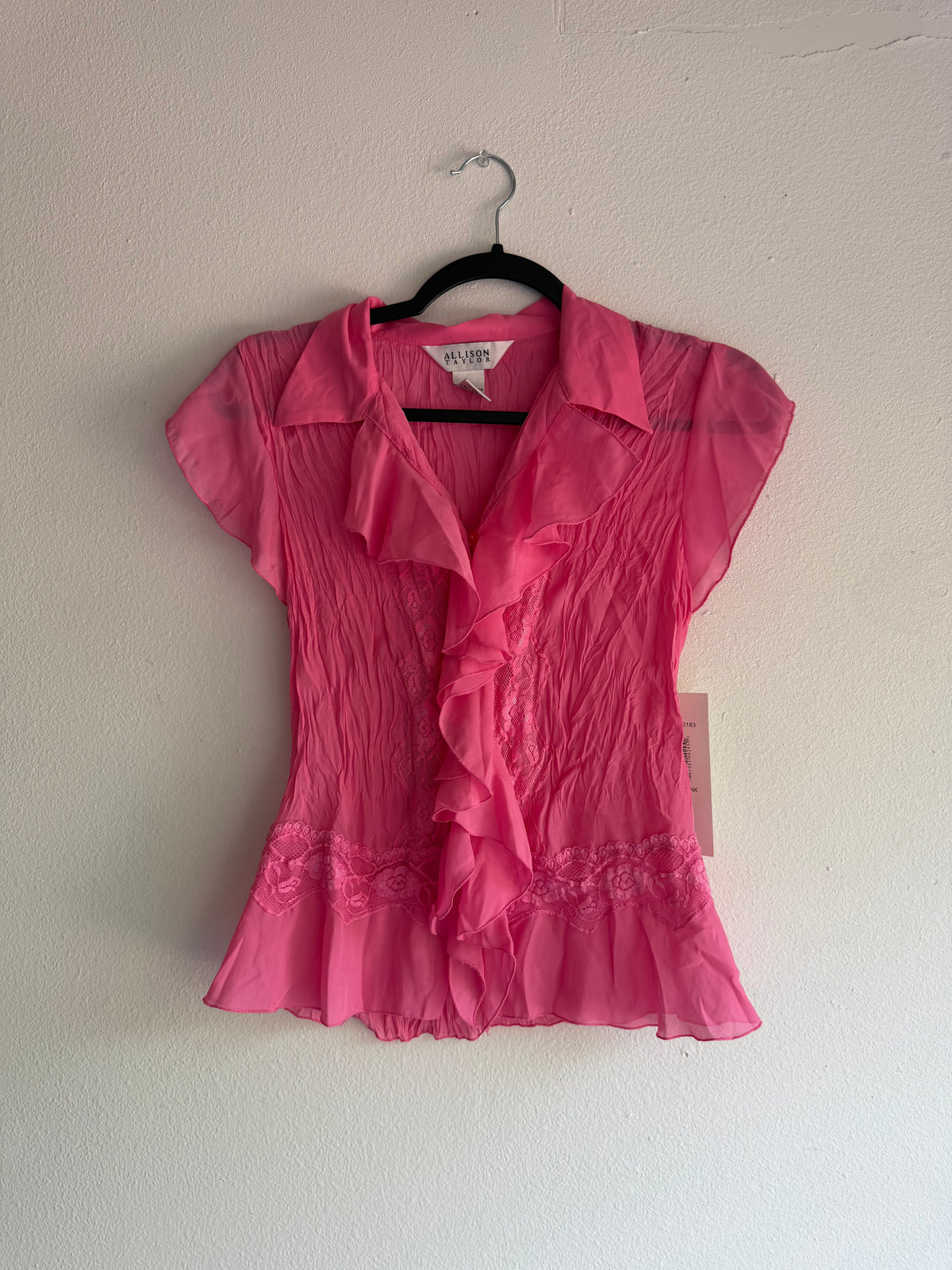 Vintage Pink Ruffle Crinkle Button up blouse