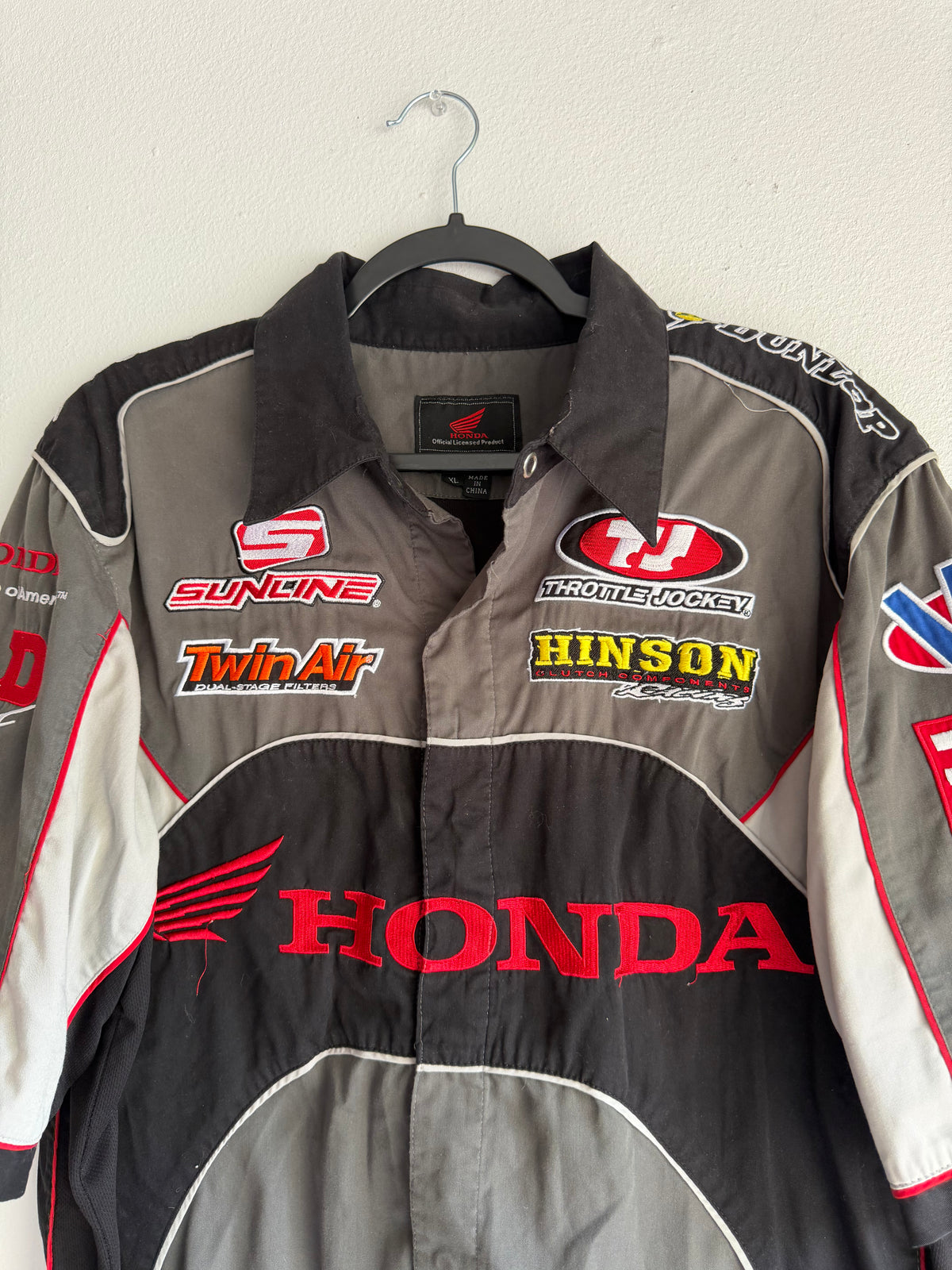 grey honda racing button up shirt