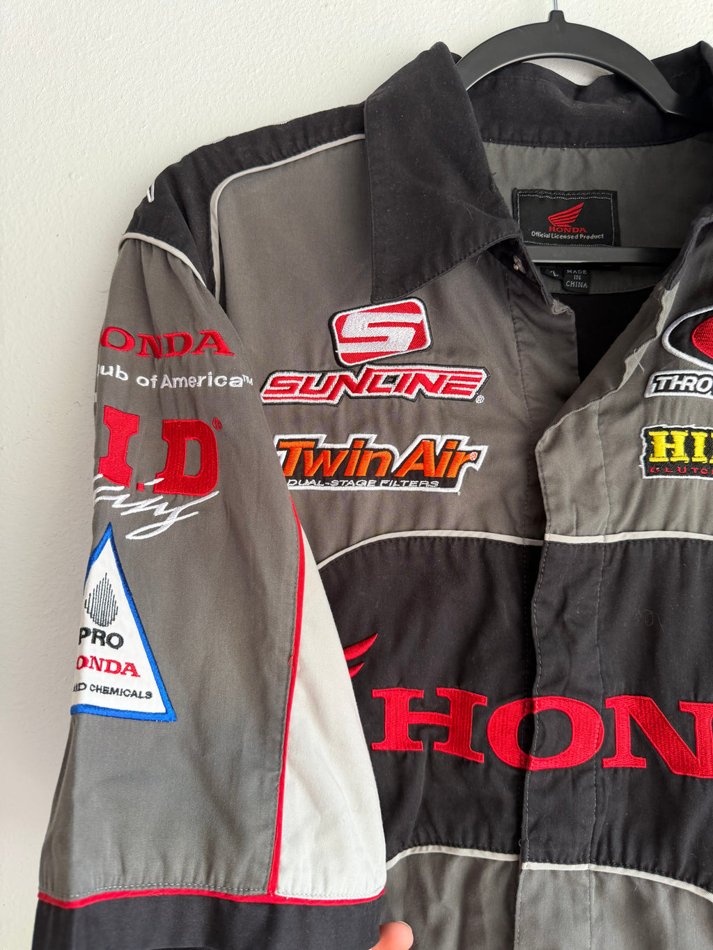 grey honda racing button up shirt